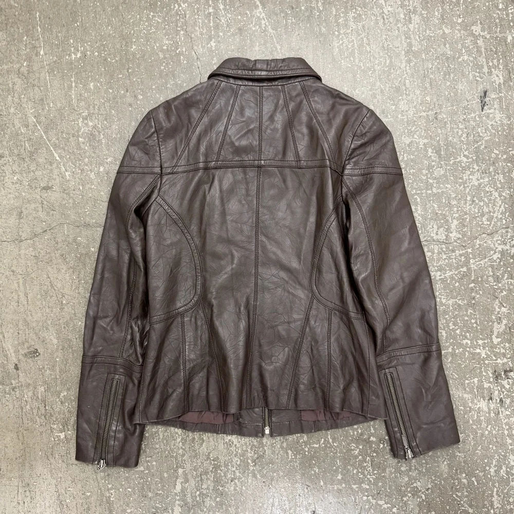 Pinko Leather Jacket Womens L Brown Excellent Lambskin Zip Up Moto Biker Crinkle
